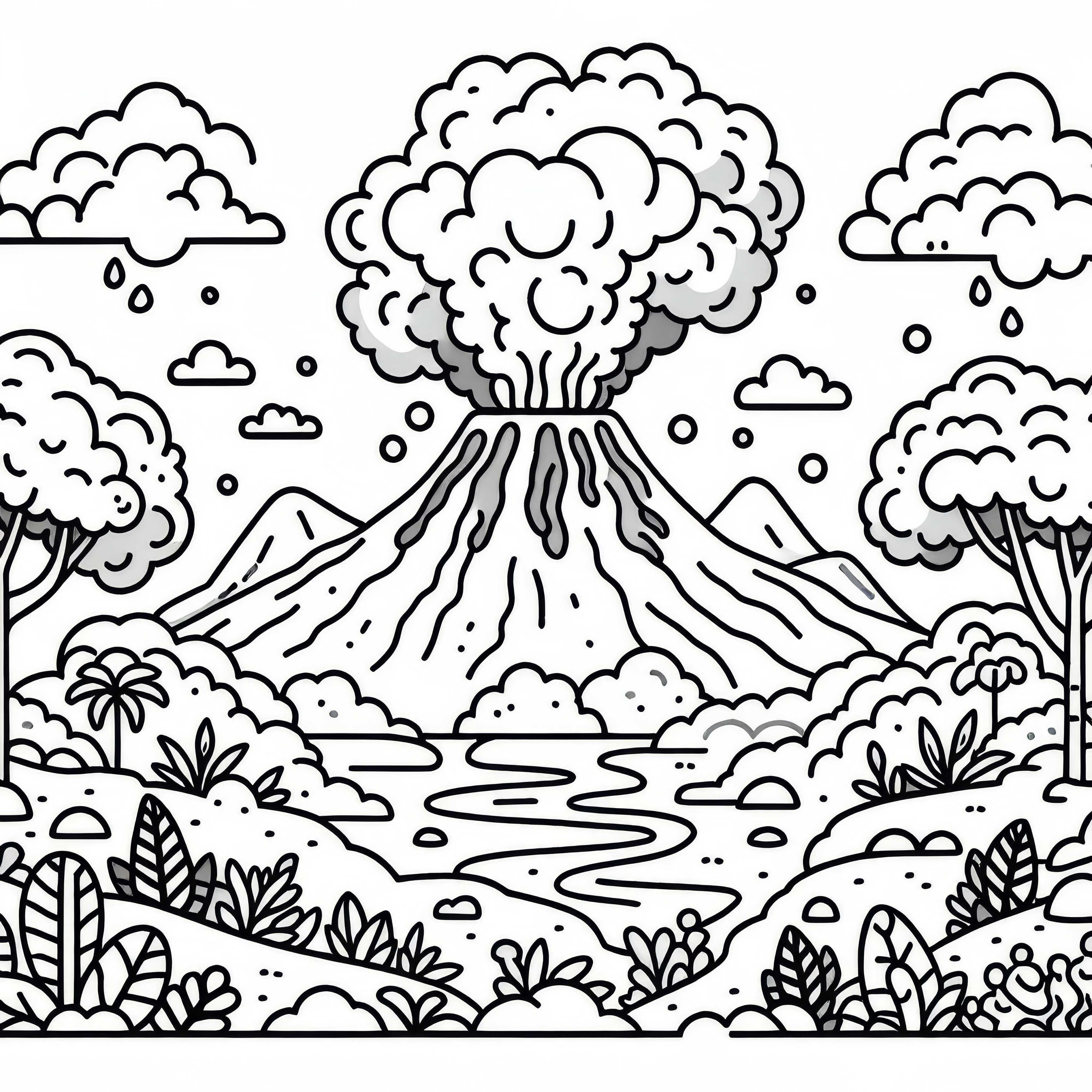 Vulcão fumegante com fluxos de lava – Desenho para colorir para crianças