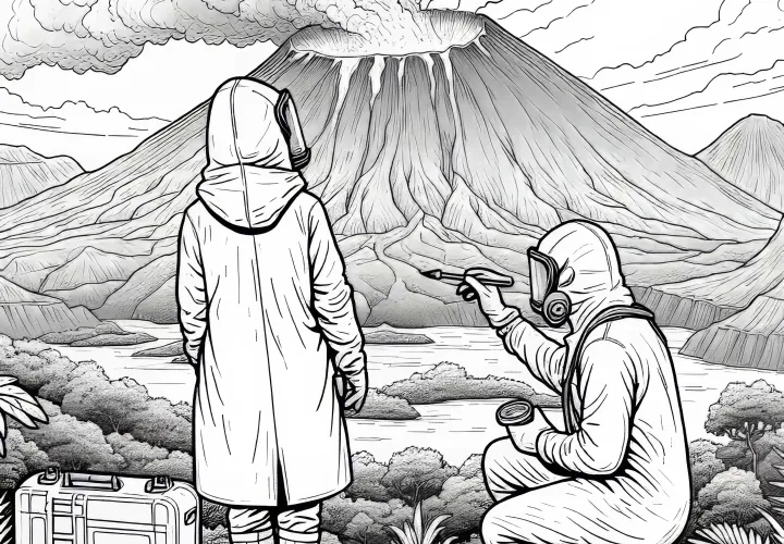 Researchers in protective clothing at the volcano - free coloring page