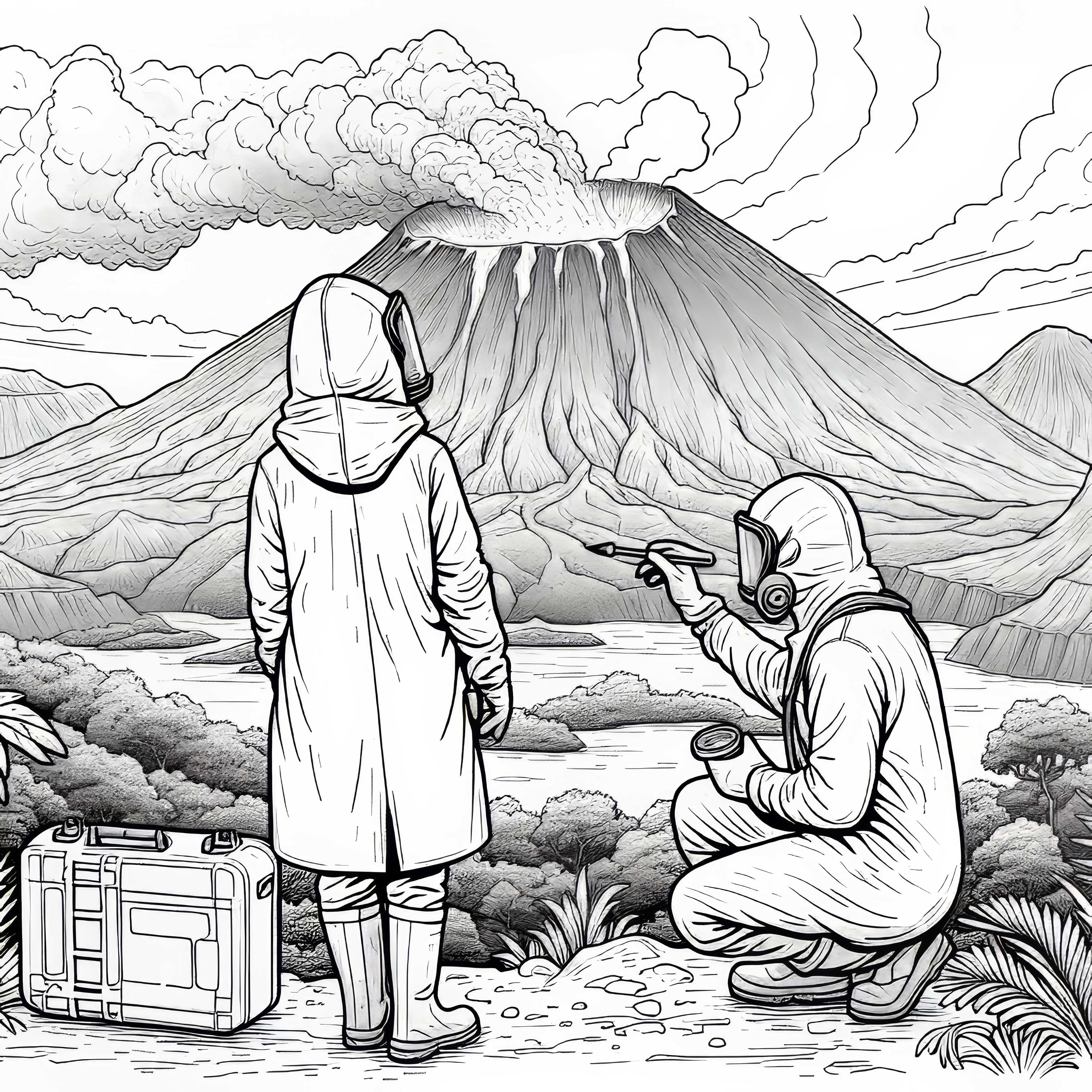 Pesquisadores com roupas de proteção no vulcão - Desenho para colorir grátis
