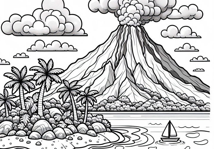 Ilha tropical com vulcão ativo - Desenho para colorir grátis