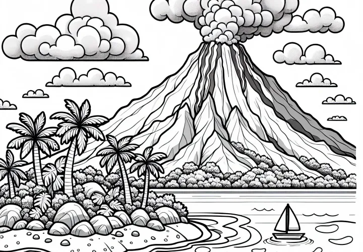 Tropical island with active volcano – Free coloring page