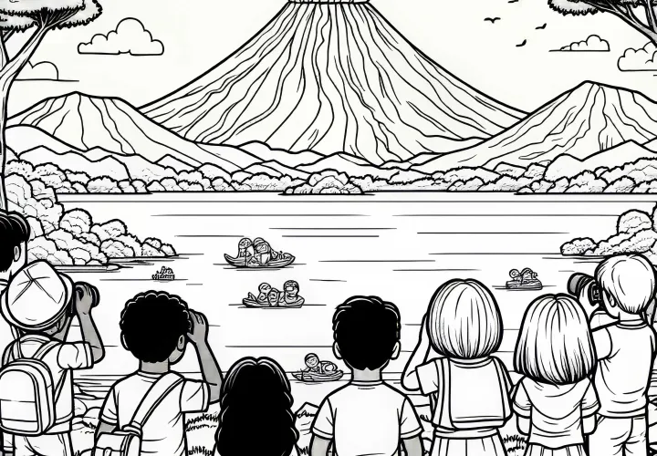 Children observe volcano coloring template for free
