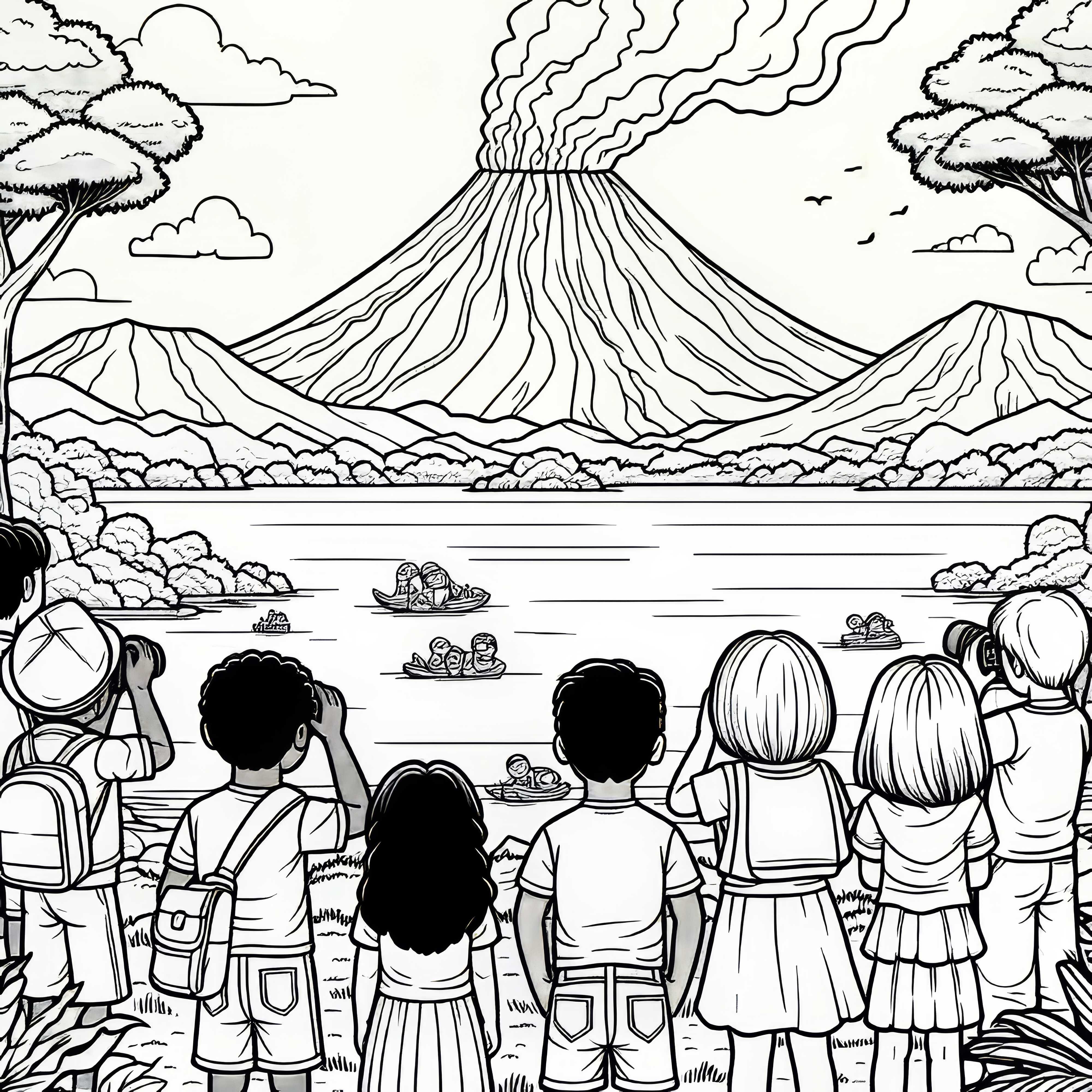 Crianças observam desenho para colorir de vulcão gratuitamente