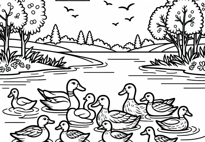 Duck family swims on water at the lake shore - free coloring page