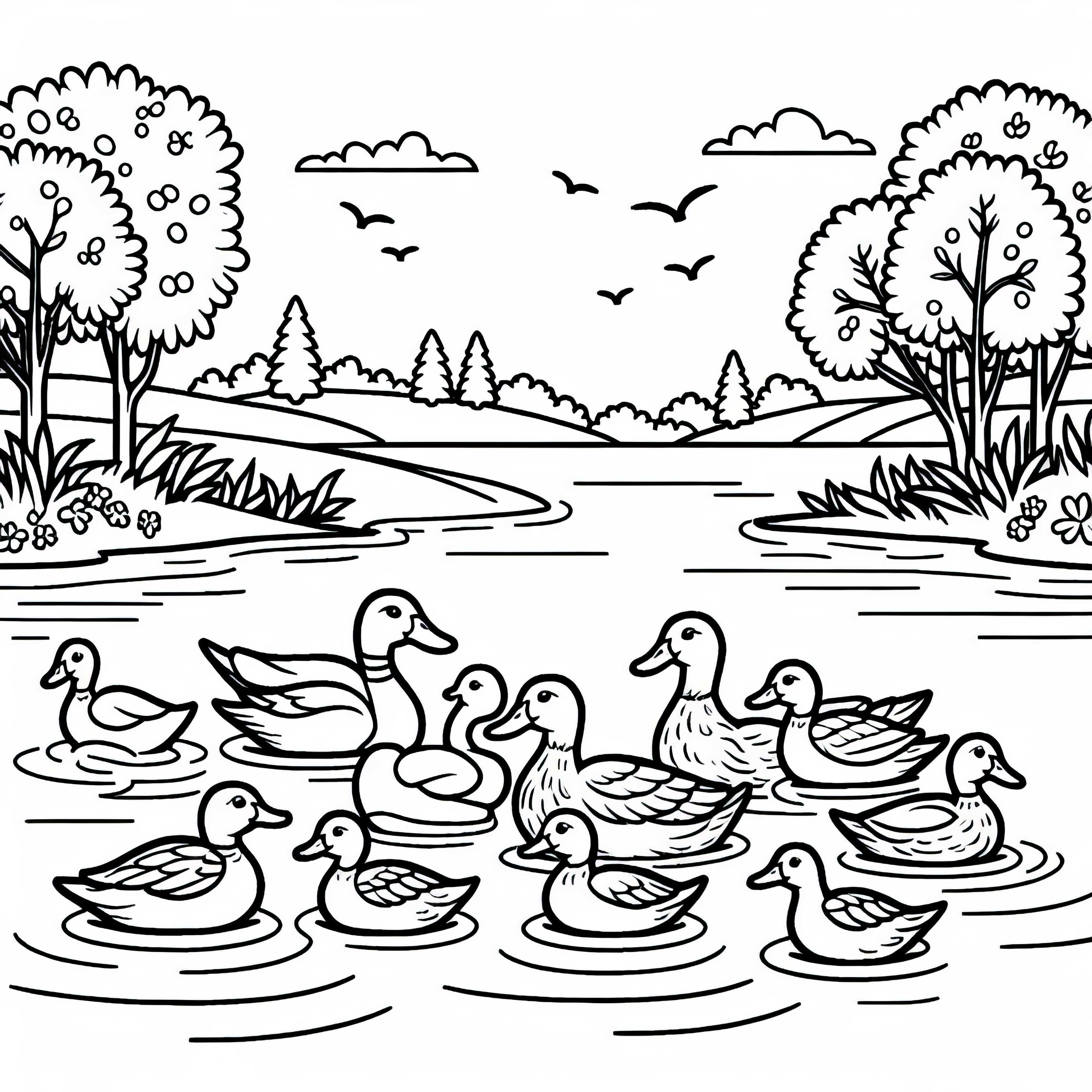 Семейство патки плува по водата на брега на езерото - безплатен шаблон за оцветяване Семейство патки плува по водата на брега на езерото - безплатна оцветяваща страница