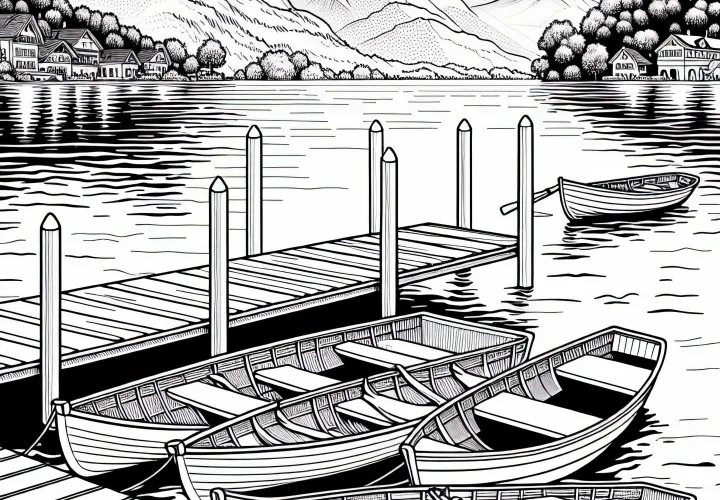 Boat dock with rowing boats at the lake shore – Coloring page free of charge