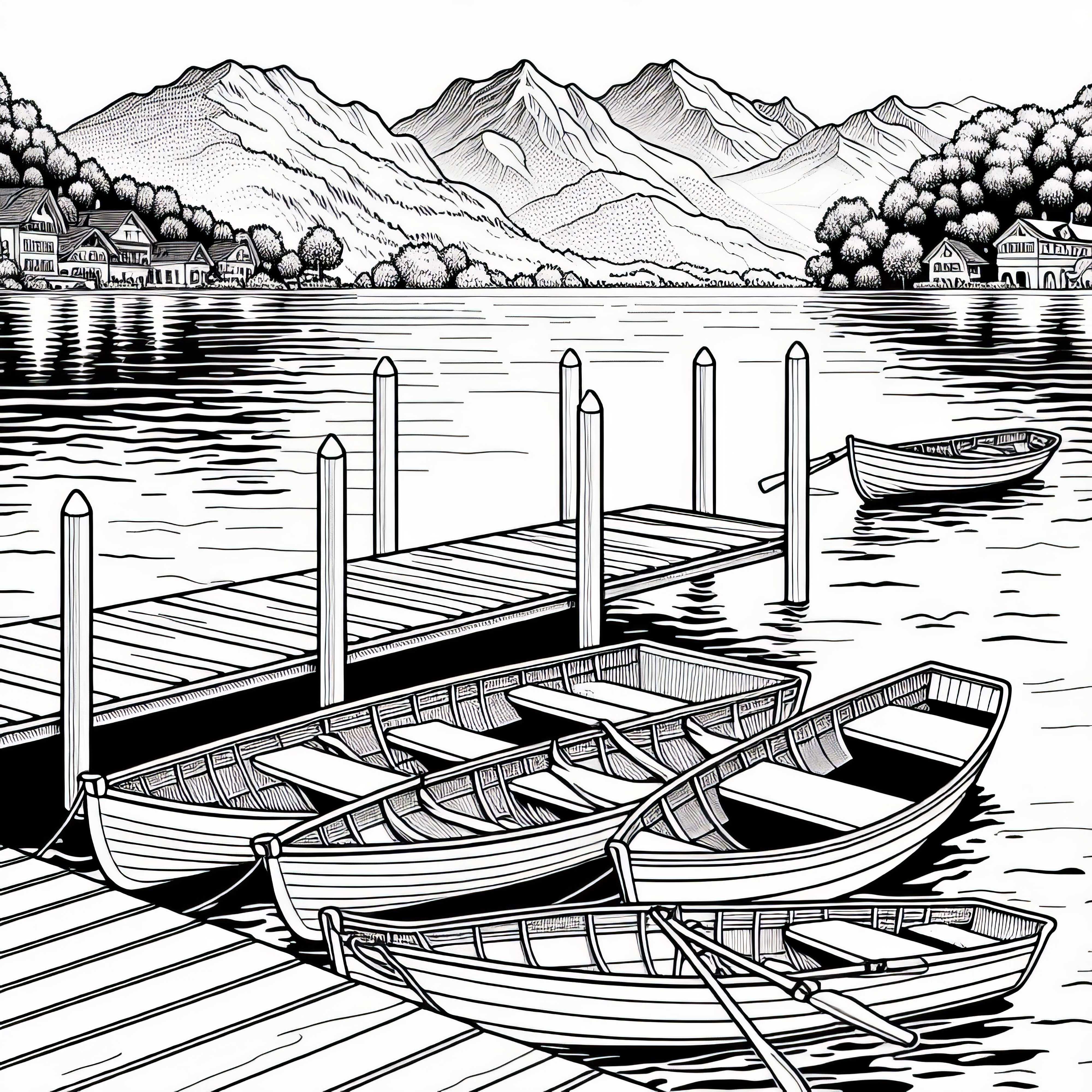 Пристан за лодки с весла на брега на езерото – Картинка за оцветяване Безплатно Каяк-станция с гребни лодки на брега на езерото – Оцветяваща страница Безплатно