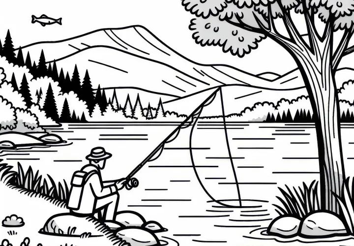 Fisher throws a fishing line from the shore – Free coloring page
