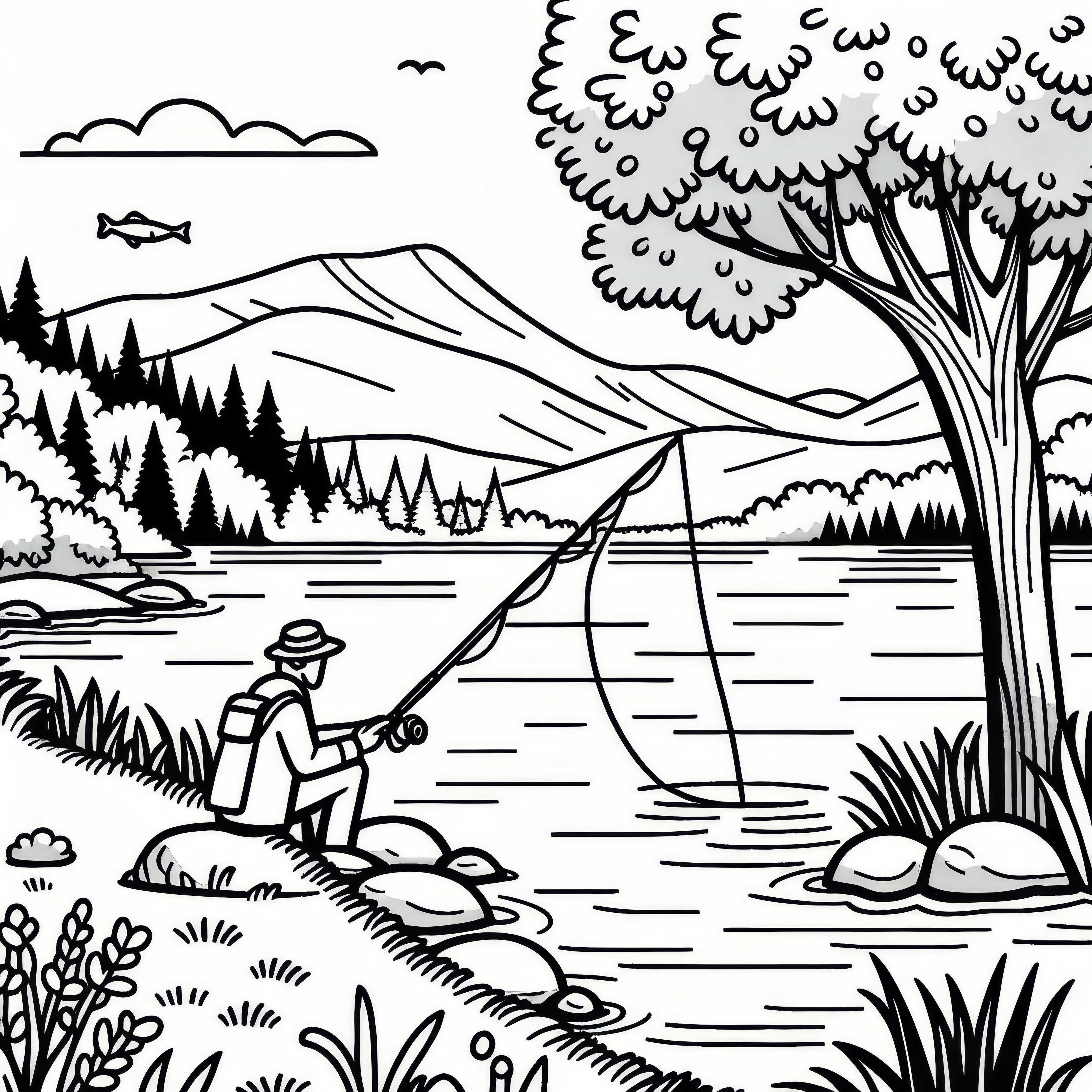 Рибар хвърля въдица от брега на езерото – Оцветен образ безплатно Рибар хвърля въдица от брега на езерото - Безплатна картина за оцветяване