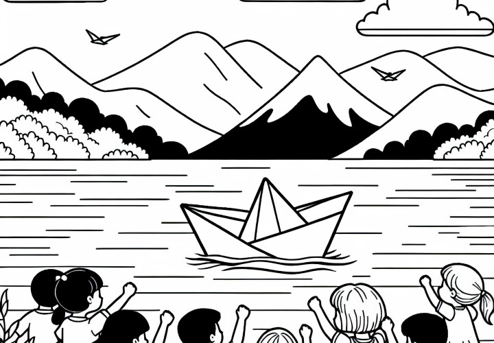 Децата пускат хартиени лодки по брега на езерото – Безплатна оцветяваща страница