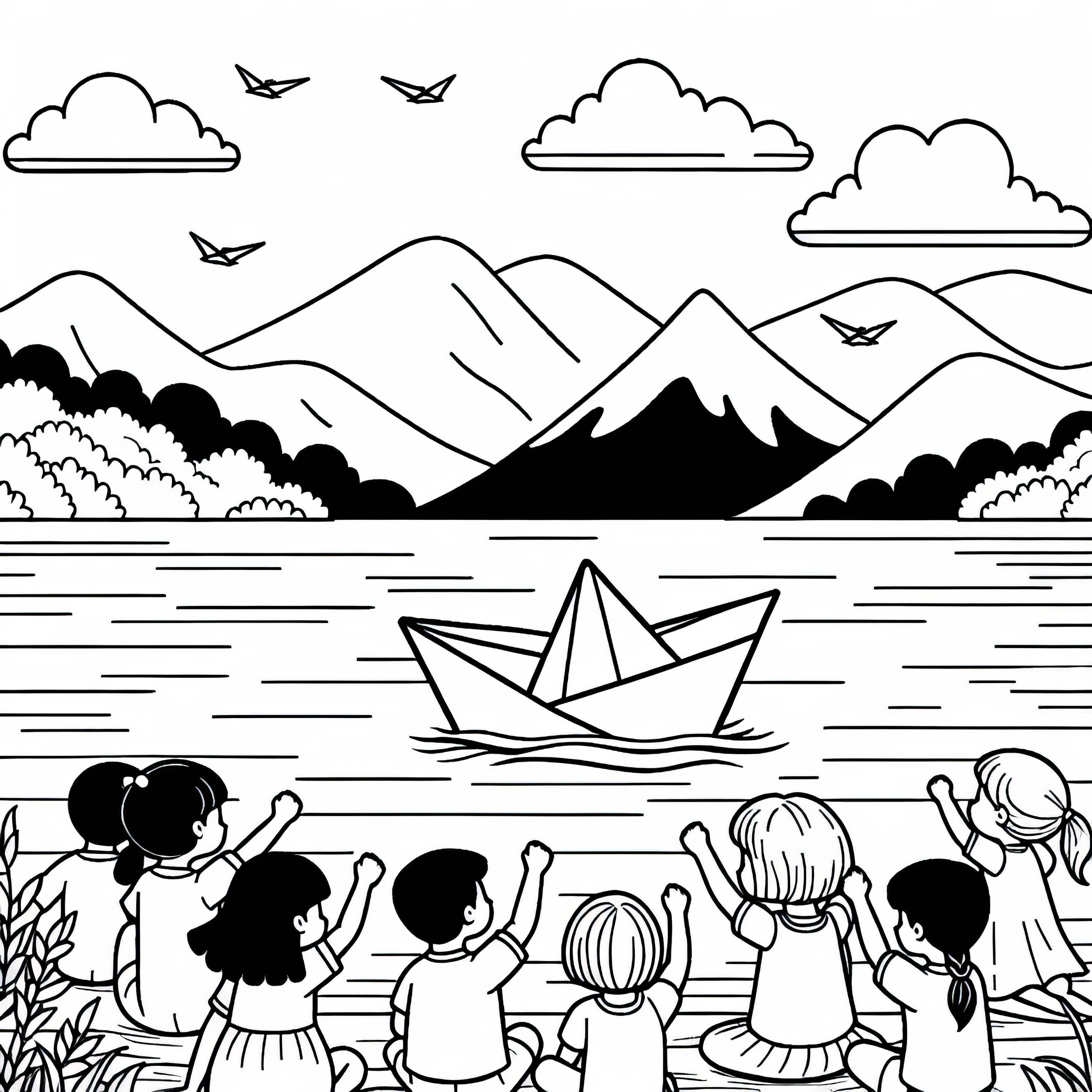 Децата пускат корабчета от хартия на брега на езерото – Безплатна оцветяваща страница Децата пускат хартиени кораби на брега на езерото – Безплатен шаблон за оцветяване