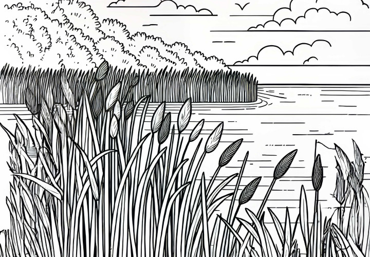 Тревата расте гъсто по брега на езерото – Безплатен оцветяващ лист