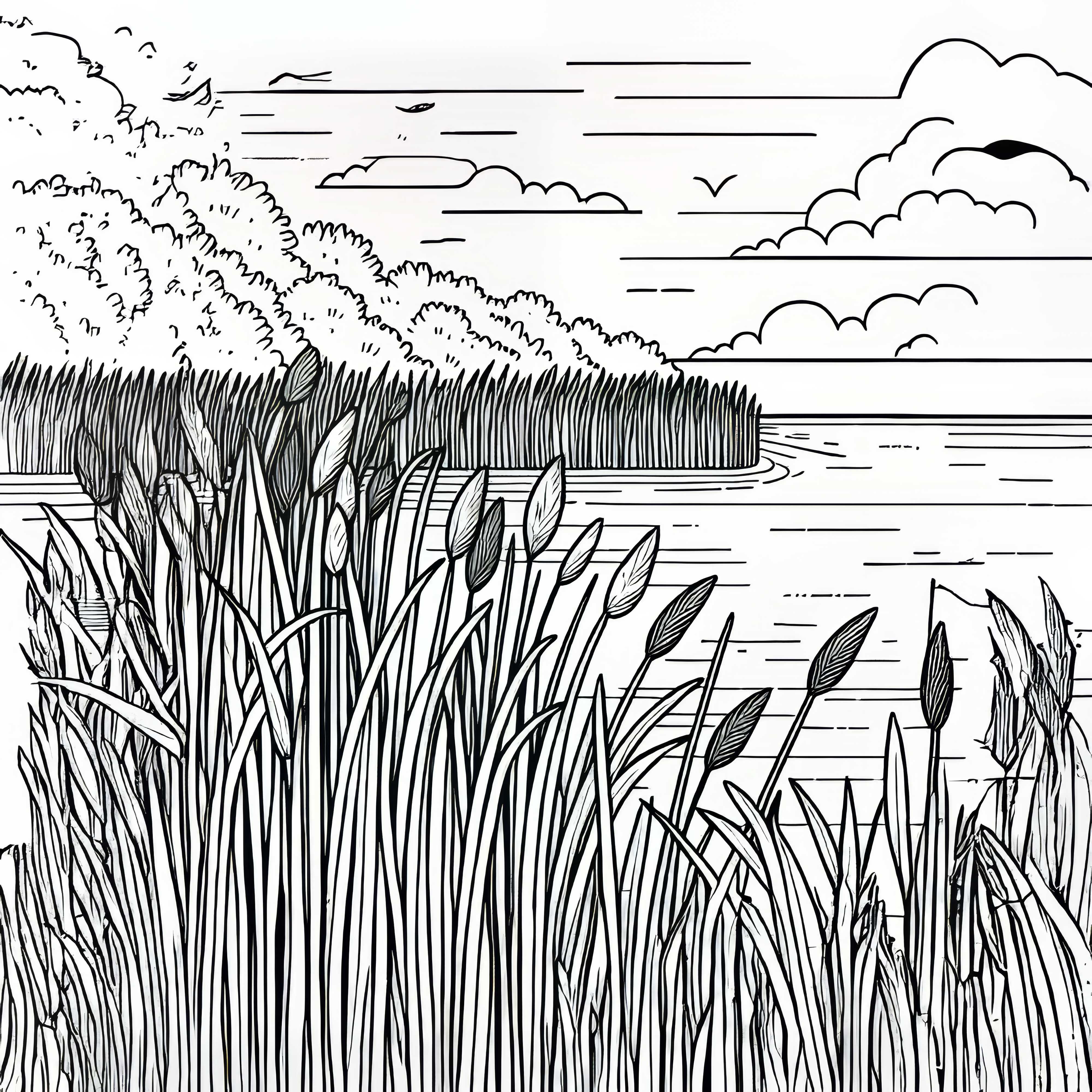 Шилфът расте гъсто на брега на езерото – Безплатна рисунка за оцветяване Тръстика расте гъсто край брега на езерото – Безплатен шаблон за оцветяване