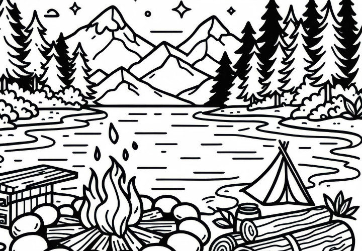 Огън на брега на езерото - Безплатно оцветяване за сваляне