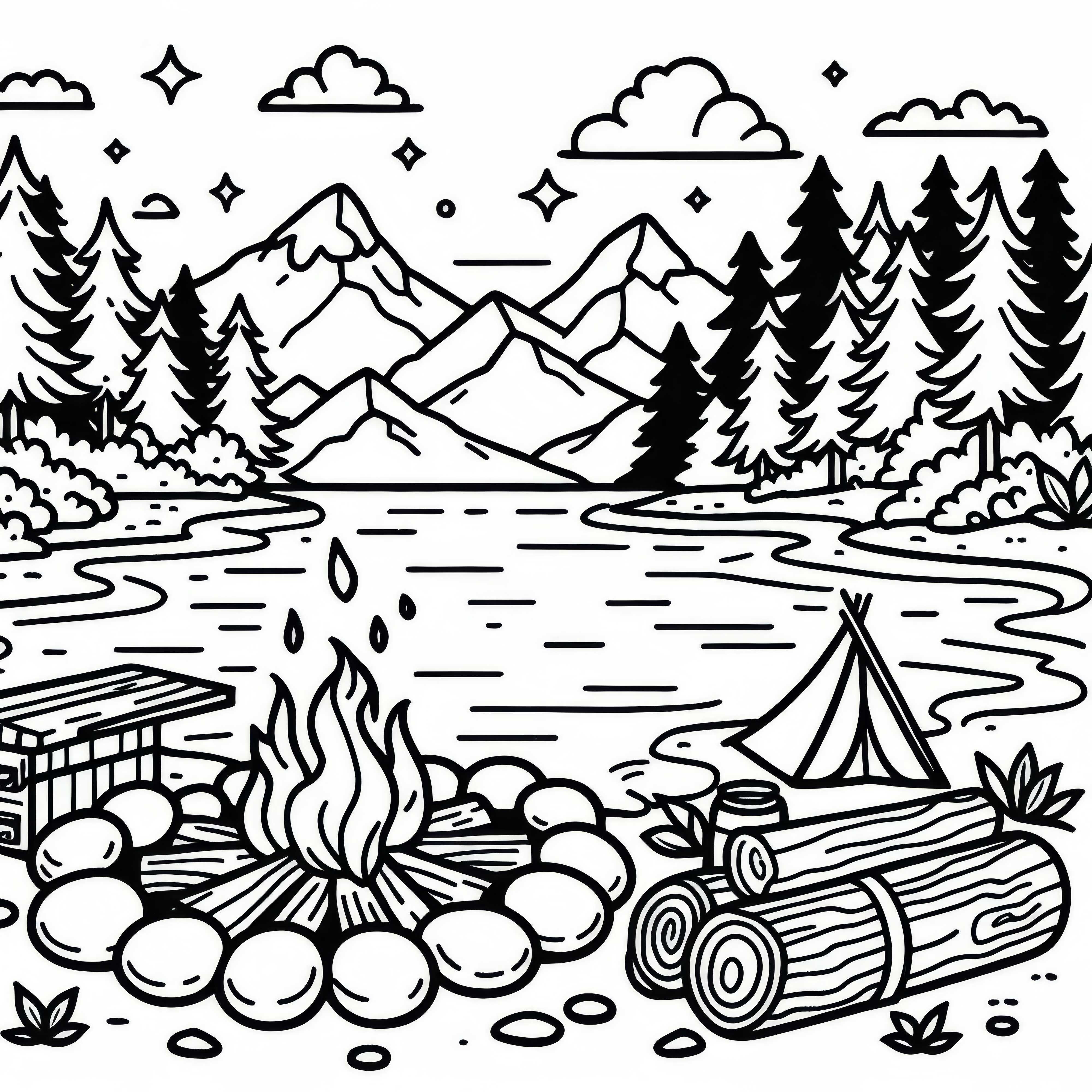 Огън в лагера край езерото – Безплатно изтегляне на картинка за оцветяване Около огнището на езерото - Безплатно изтегляне на оцветяване
