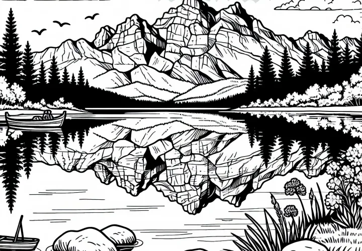 Reflection of the mountains in the clear water of a lake - Free coloring page