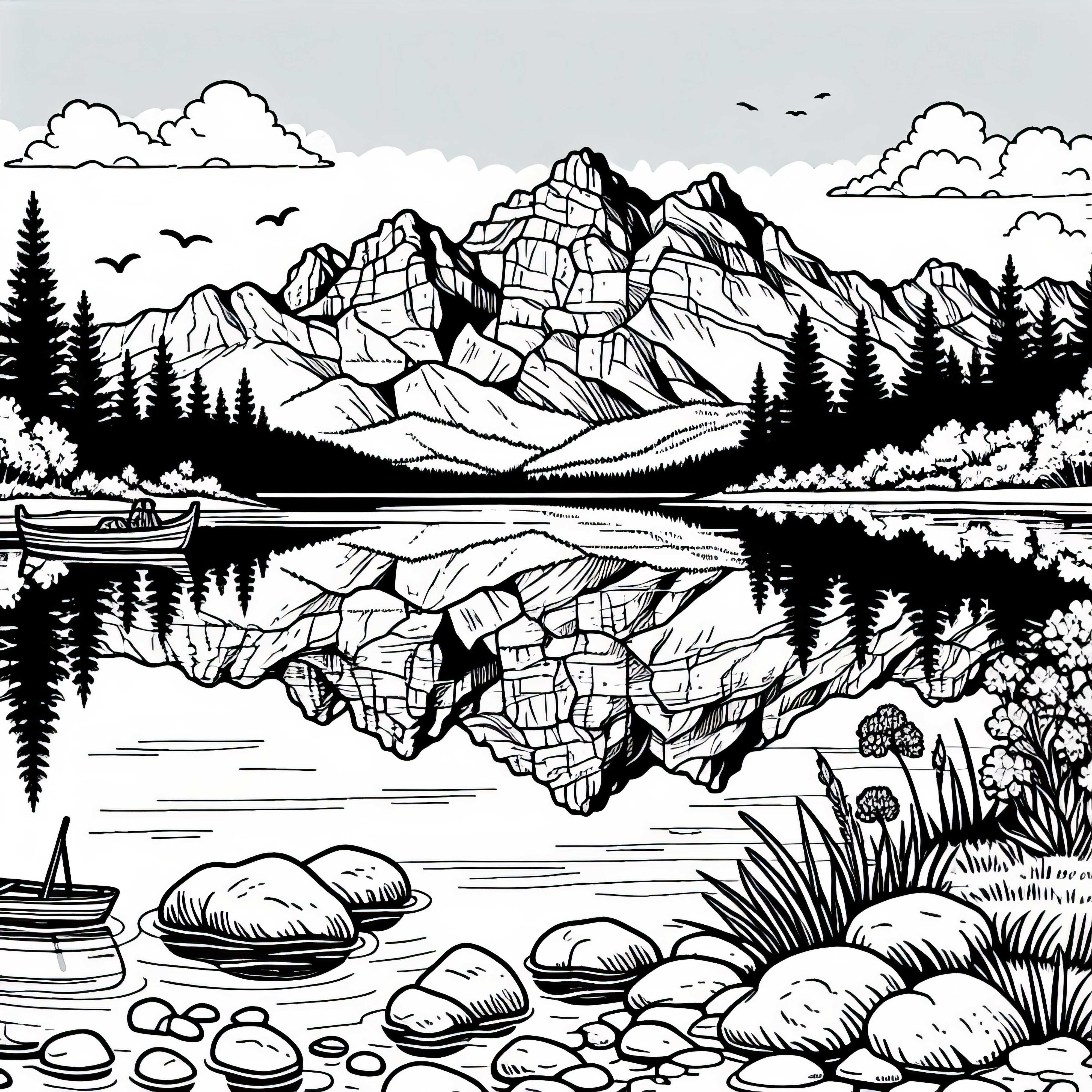 Отражение на планините в чистите води на езеро - безплатна оцветяваща картина Отражение на планините в ясната вода на езеро – безплатен оцветяващ лист