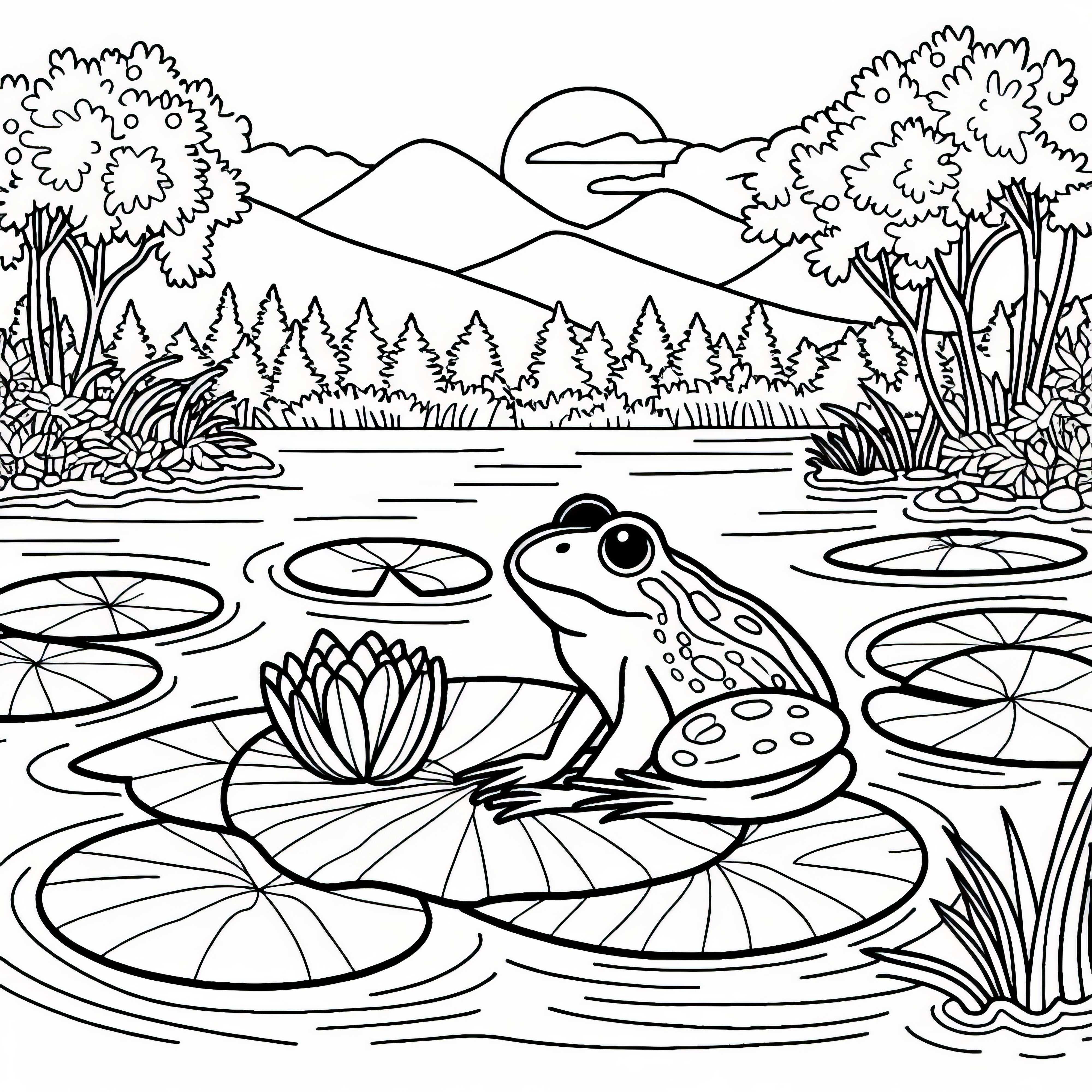 Жабата седи на листо от лотос на брега на езерото - безплатен шаблон за оцветяване Жаба седи на листо от лотос на брега на езерото - безплатна оцветяваща страница