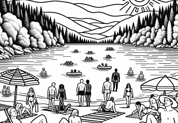 Слънчев залив на езерото с хора като безплатен шаблон за оцветяване