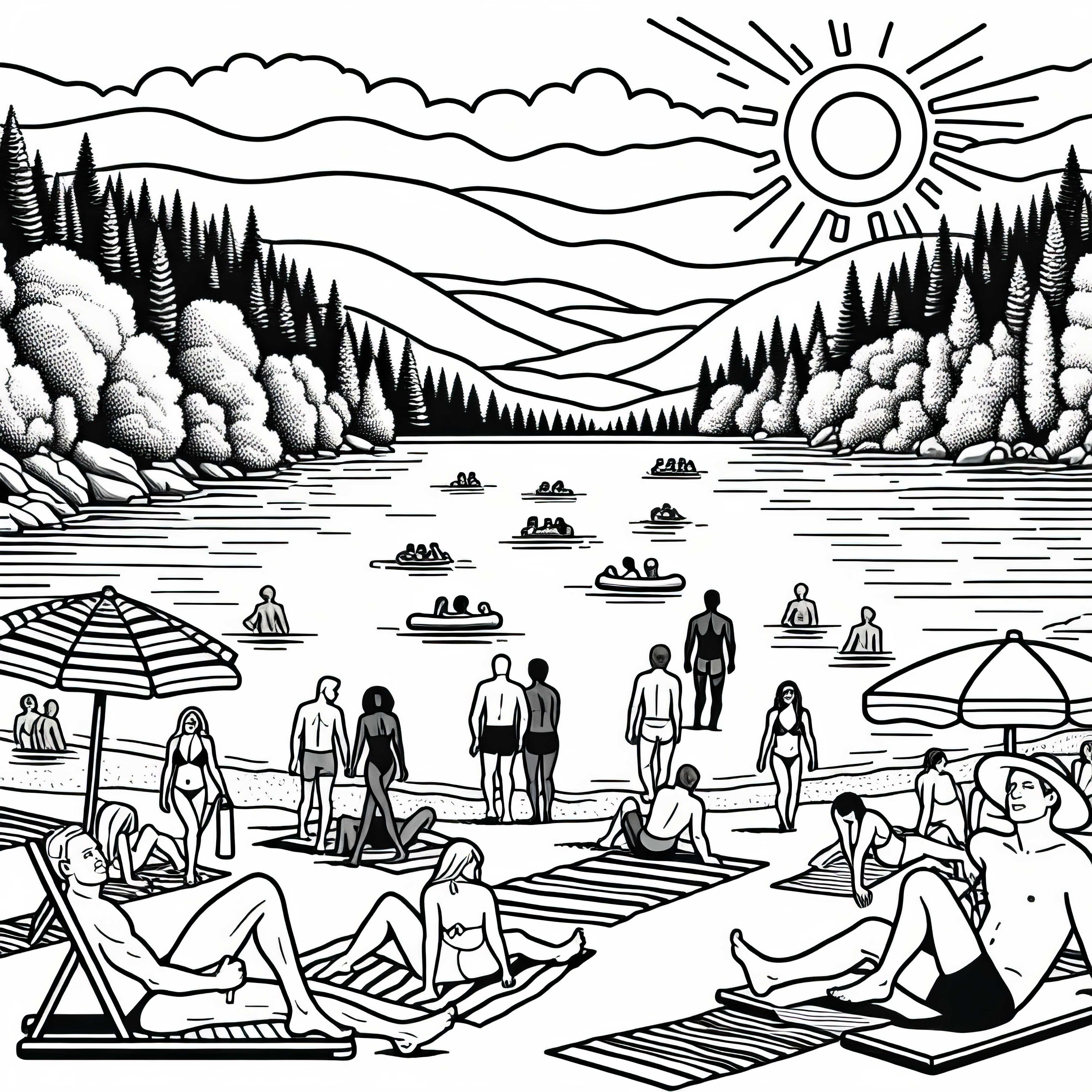 Слънчев плаж с хора на езерото като безплатен шаблон за рисуване Слънчев залив за къпане на езеро с хора като шаблон за оцветяване безплатно
