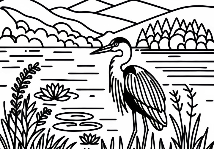Reiher steht still am Rand des Wassers eines Sees – Ausmalbild kostenlos downloaden