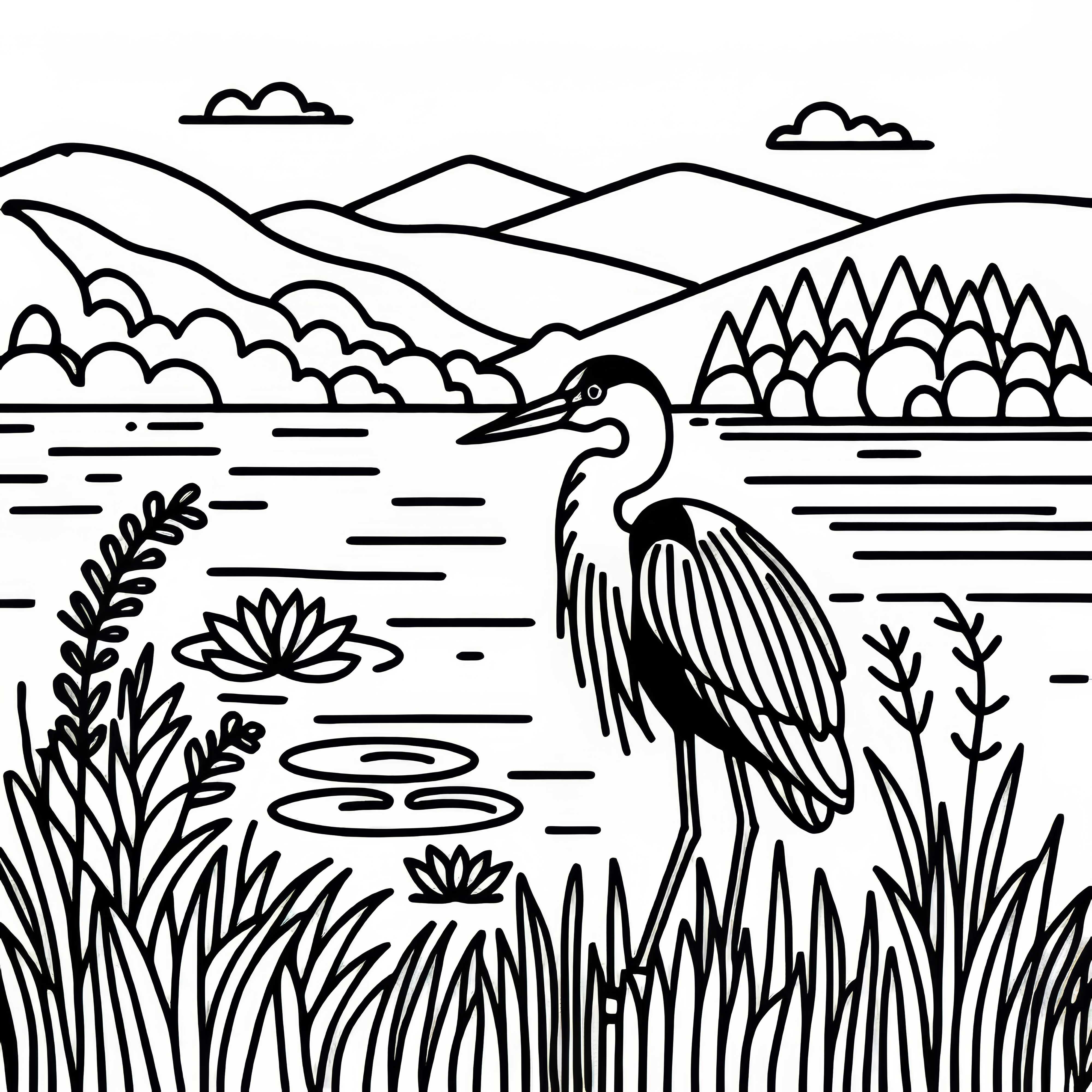 Reiher steht still am Rand des Wassers eines Sees &ndash; Ausmalbild kostenlos downloaden