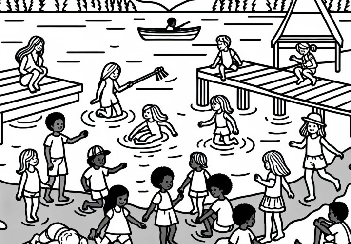 Децата играят на брега на езерото – безплатна оцветяваща картинка