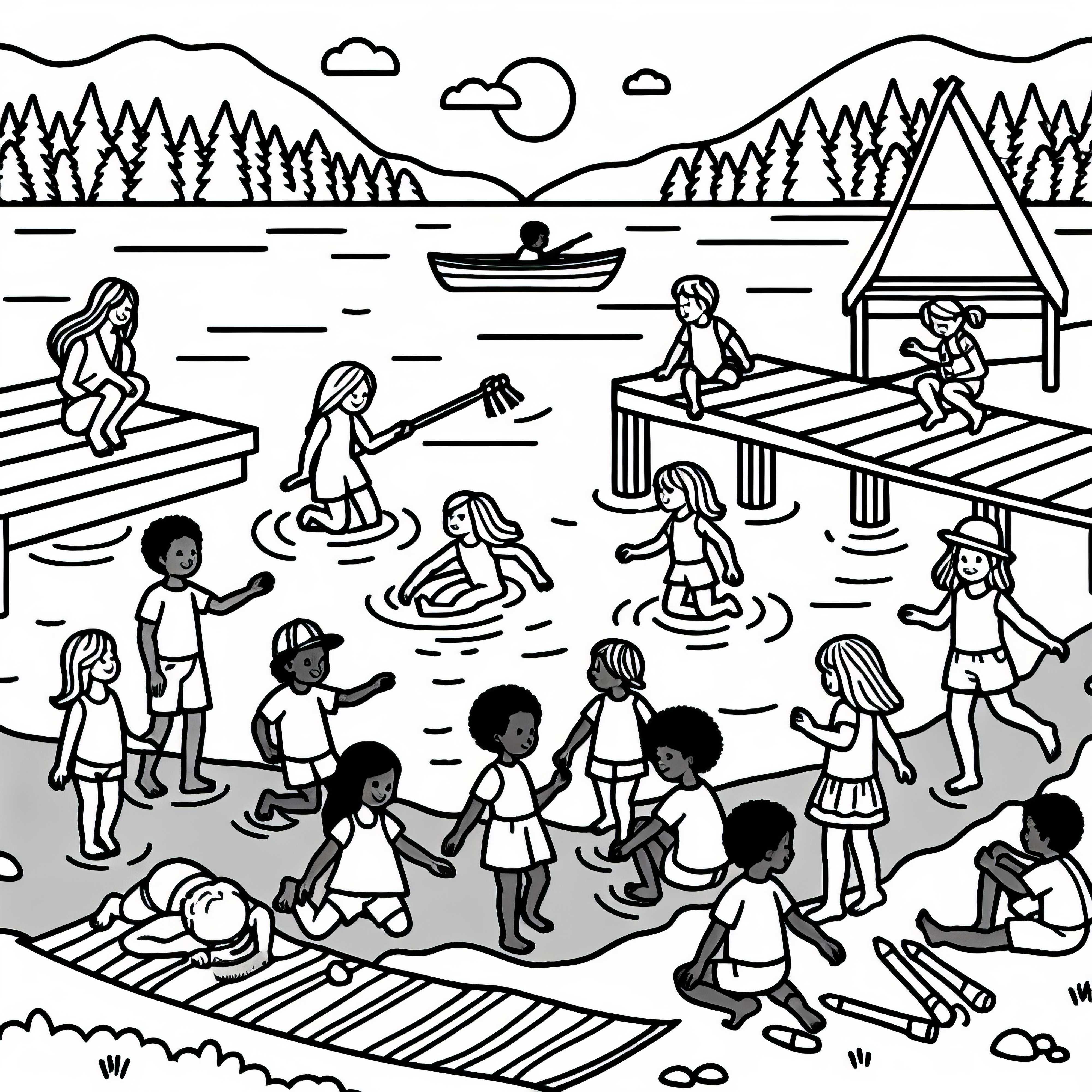 Деца играят на брега на езерото – Безплатна картина за оцветяване Децата играят на брега на езерото – Безплатна картинка за оцветяване