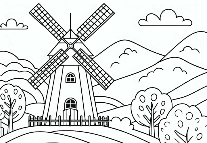 Large windmill on a hill – free coloring page