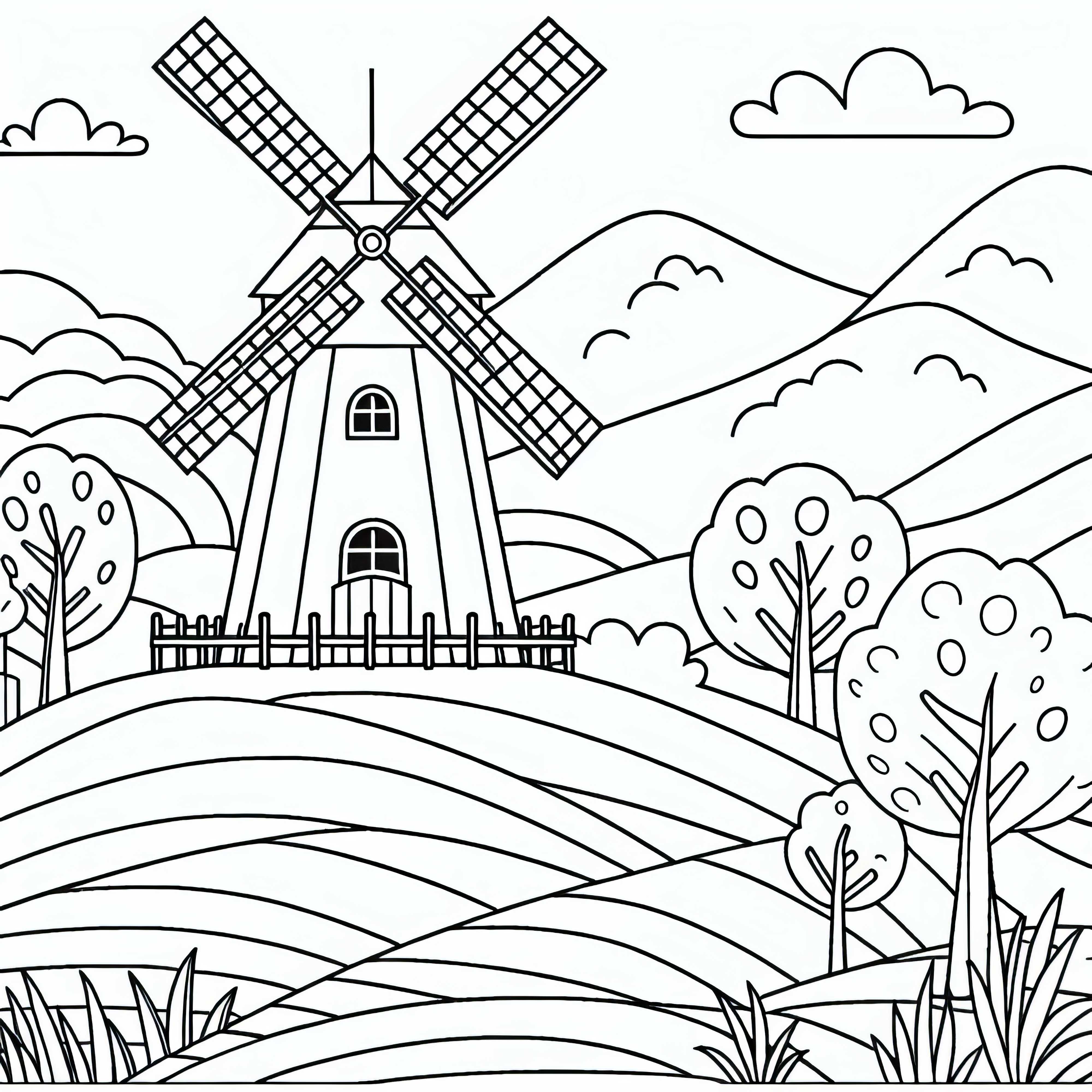 Голяма вятърна мелница на хълм – Безплатна картинка за оцветяване Голяма вятърна мелница на хълм – безплатна картинка за оцветяване