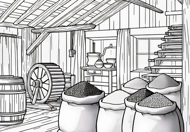 Corn sacks in an old mill room as a coloring template for free