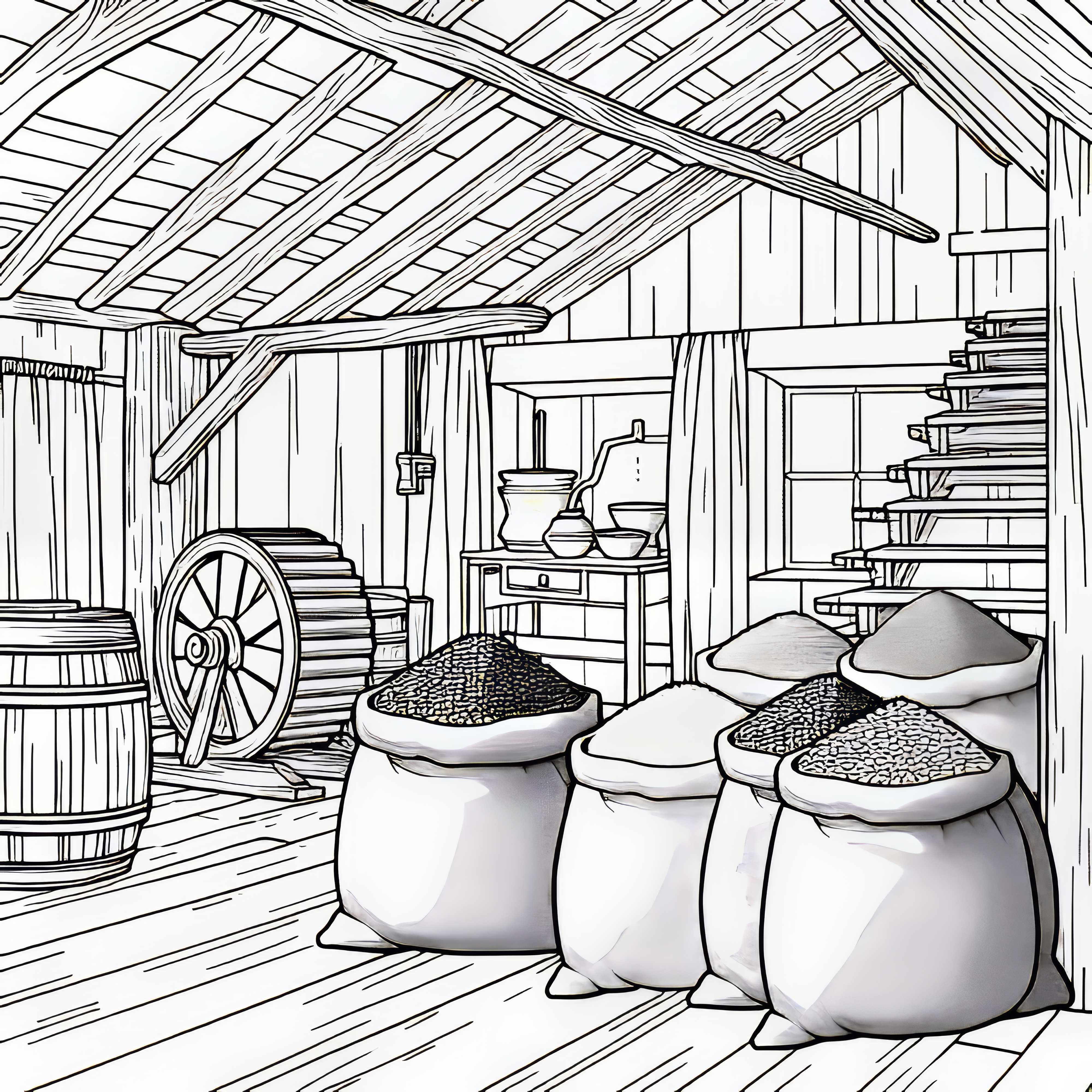 Зърнени чували в стара мелница като безплатен шаблон за рисуване Зърнени чували в стара мелница като безплатен шаблон за оцветяване