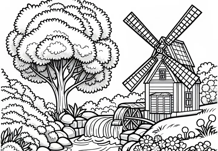 Watermill by a babbling brook – Free coloring page