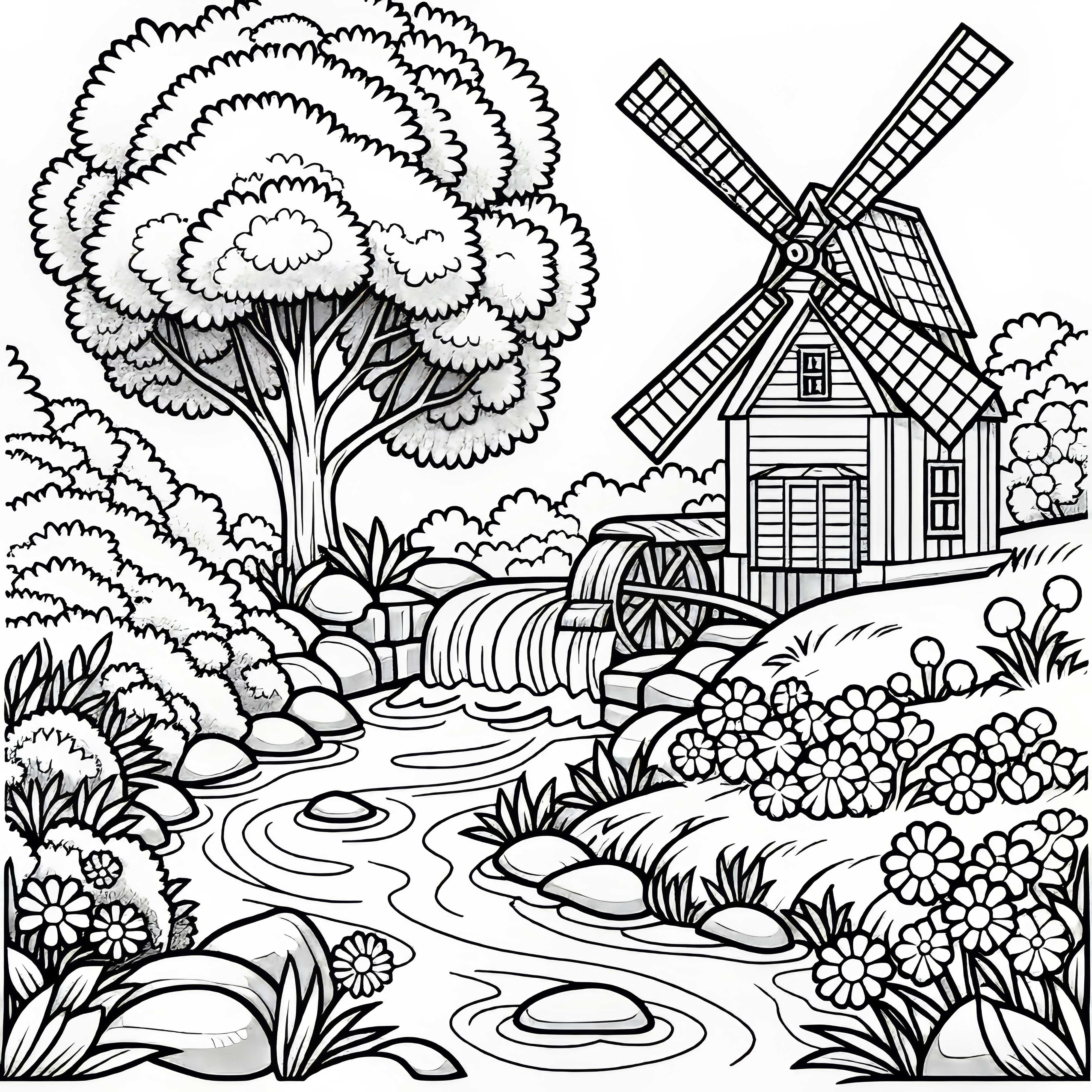 Водна мелница на ромолеща река – безплатен шаблон за оцветяване Водна мелница на шумиращ поток – Безплатна оцветяваща страница