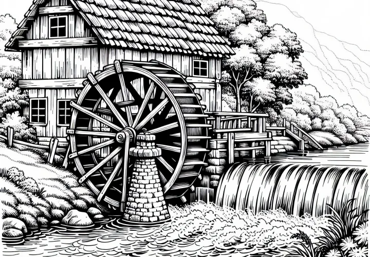Waterwheel of an old mill slowly turns in the water – Free coloring page