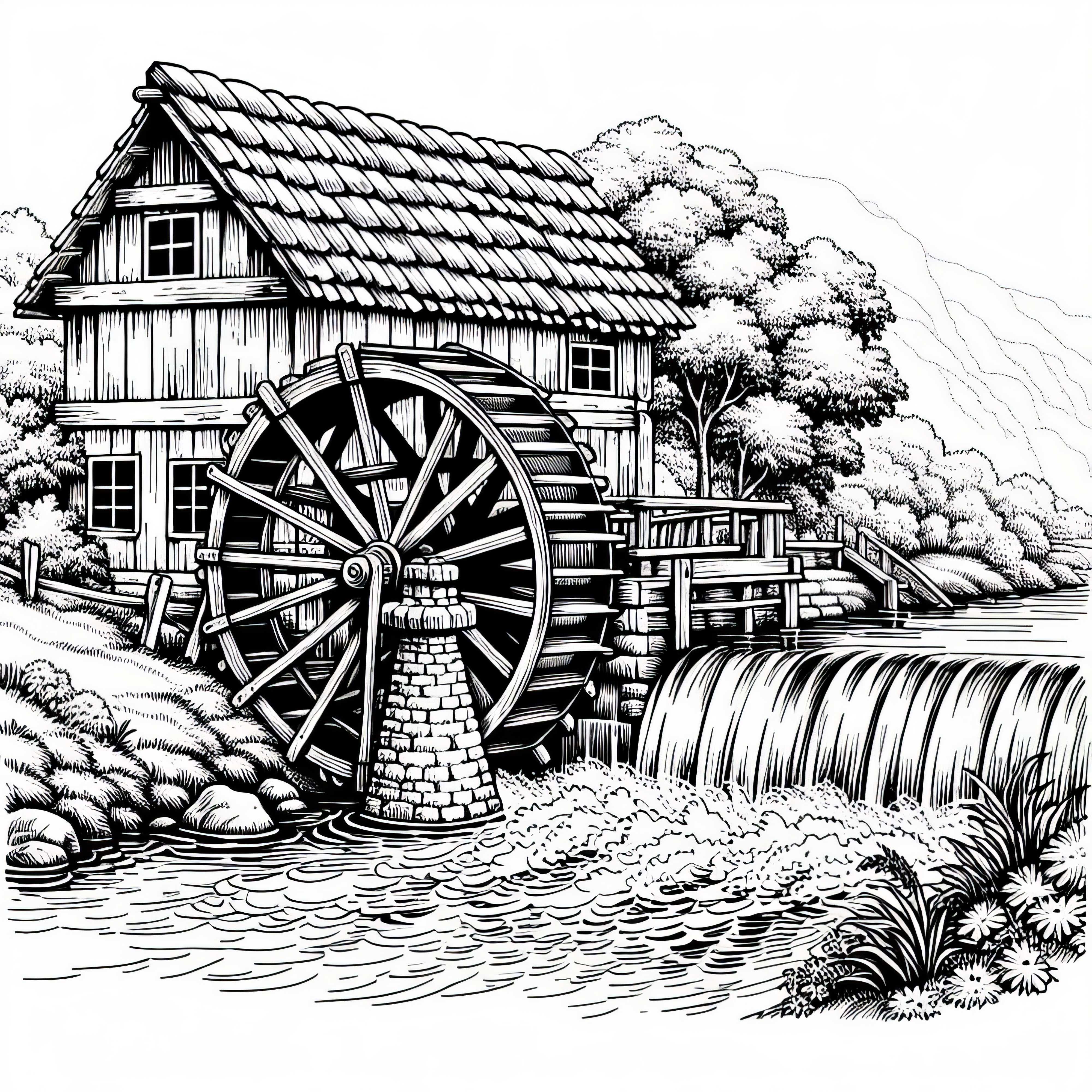 Воденичното колело на стара воденица бавно се върти във водата – Безплатна оцветявка Колелото на старата воденица бавно се върти във водата - безплатна картина за оцветяване