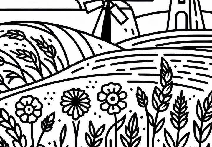 Coloring page of a grain field with a mill in the background