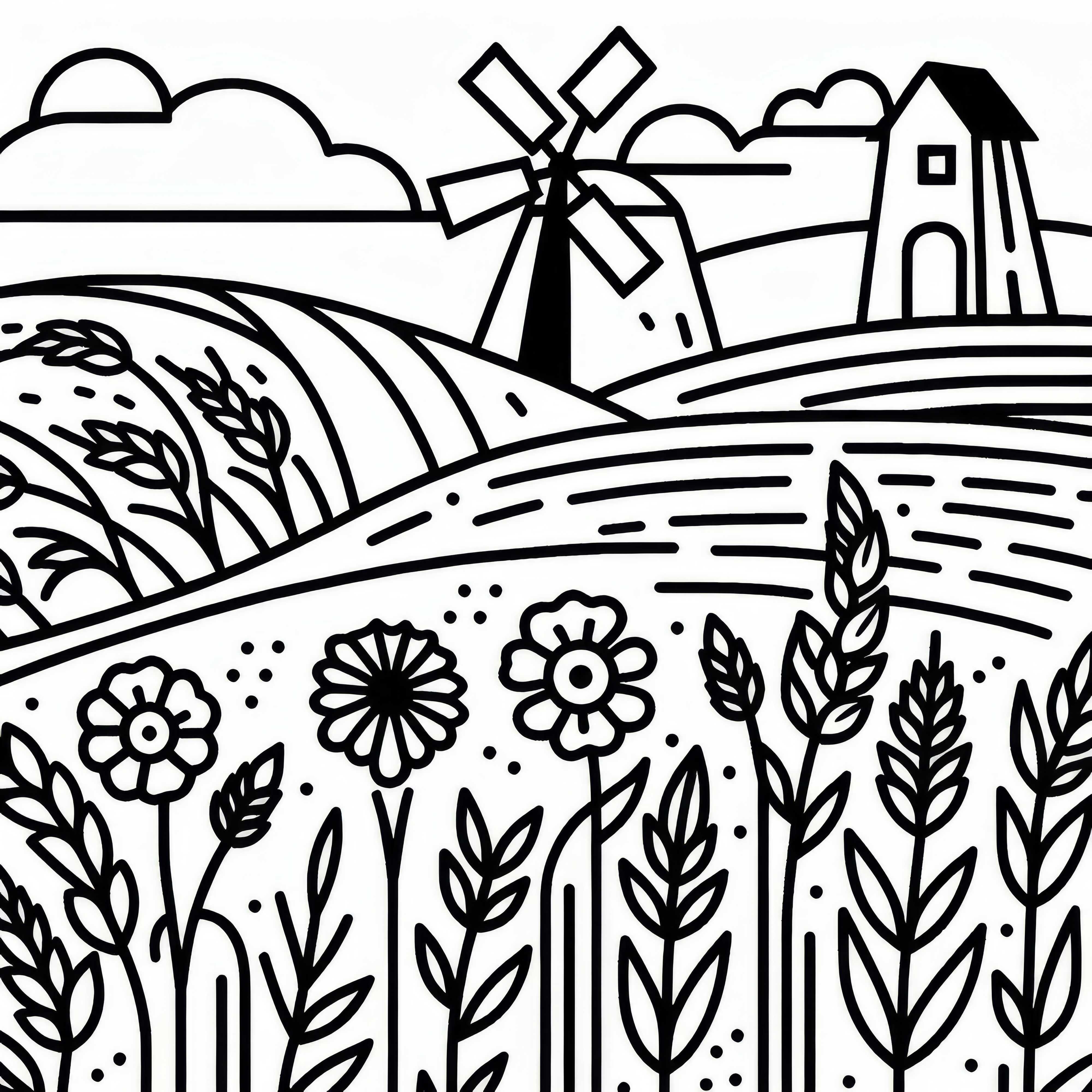 Оцветяваща страница на житно поле с мелница на фона Оцветяваща снимка на жито с мелница на фона