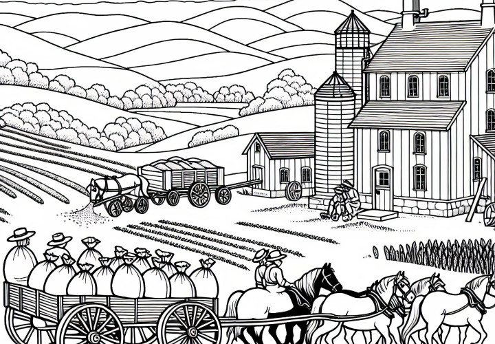 Фермери транспортират чували с брашно с конски впряг до мелницата – Безплатна рисунка за оцветяване