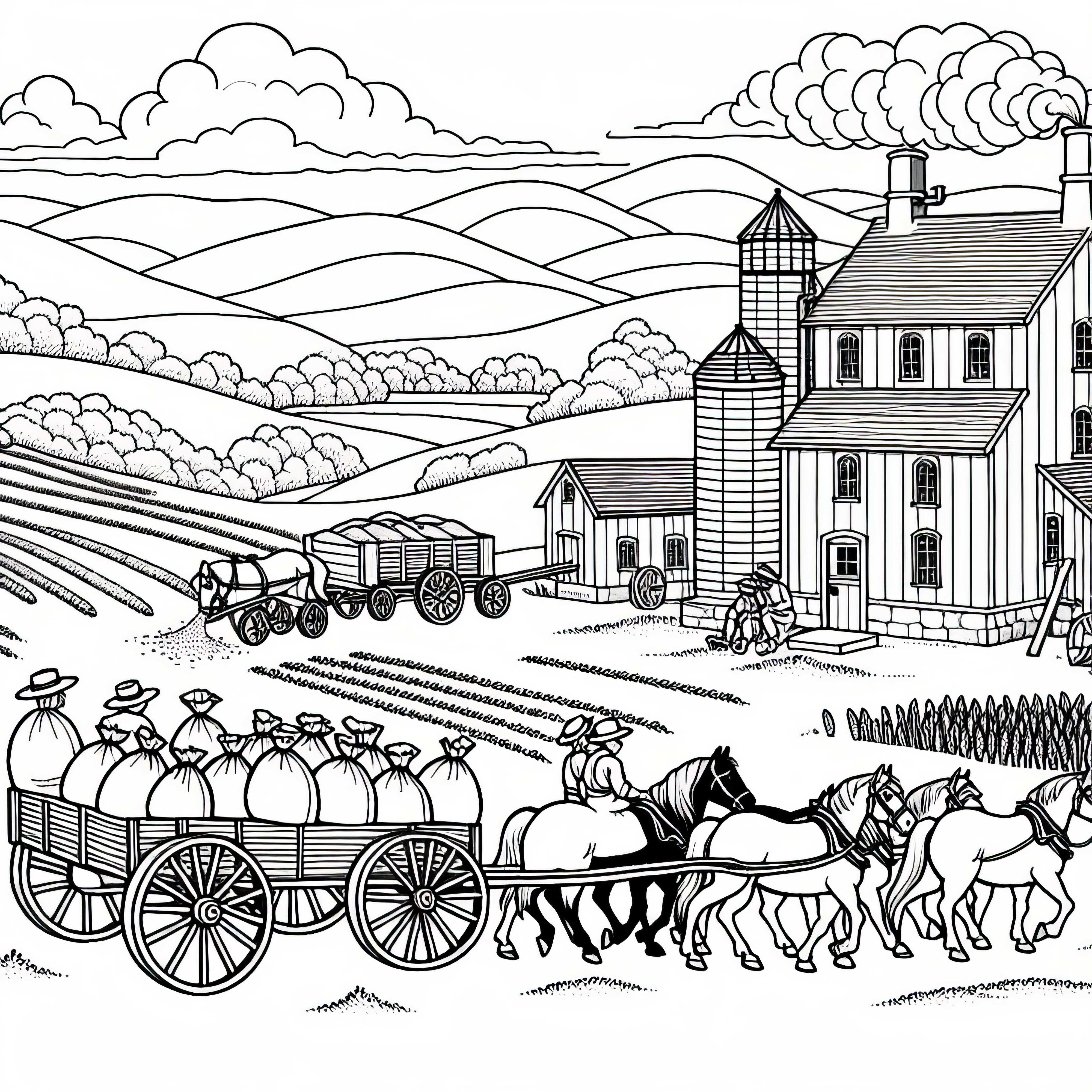 Фермери транспортират чували с брашно с конски кебап до мелницата – безплатна оцветявка Фермери транспортират чували с брашно с конска каруца до мелницата - безплатна оцветяваща страница