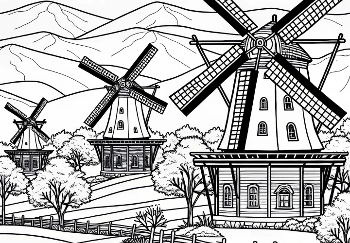 Several windmills – Free coloring page