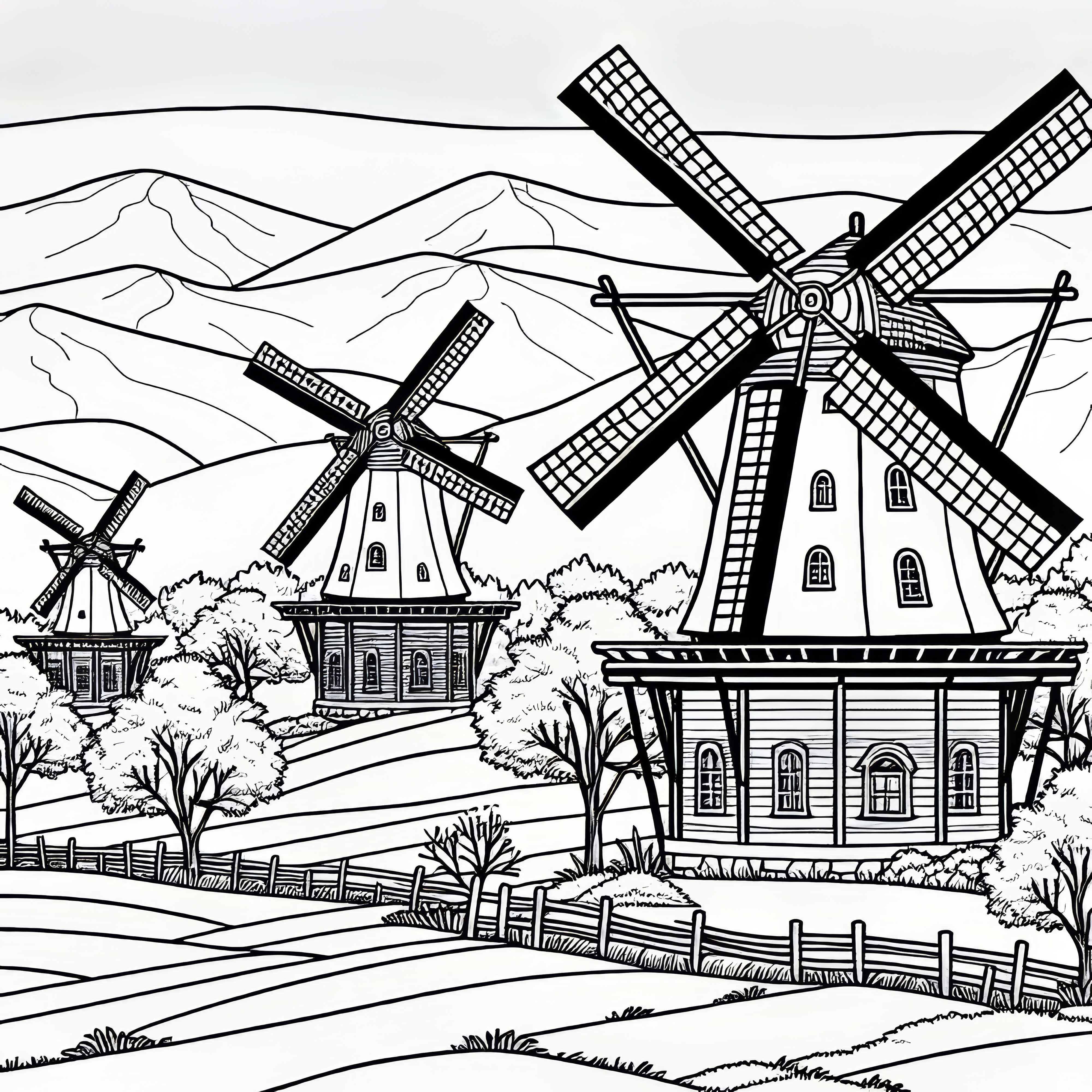 Няколко воденици на вятъра – Безплатна оцветяваща хартия Несколко ветерни мелници – Безплатна цветна рисунка