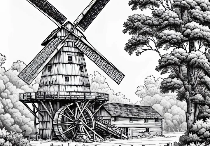 Old mill with wooden beams as a free coloring page