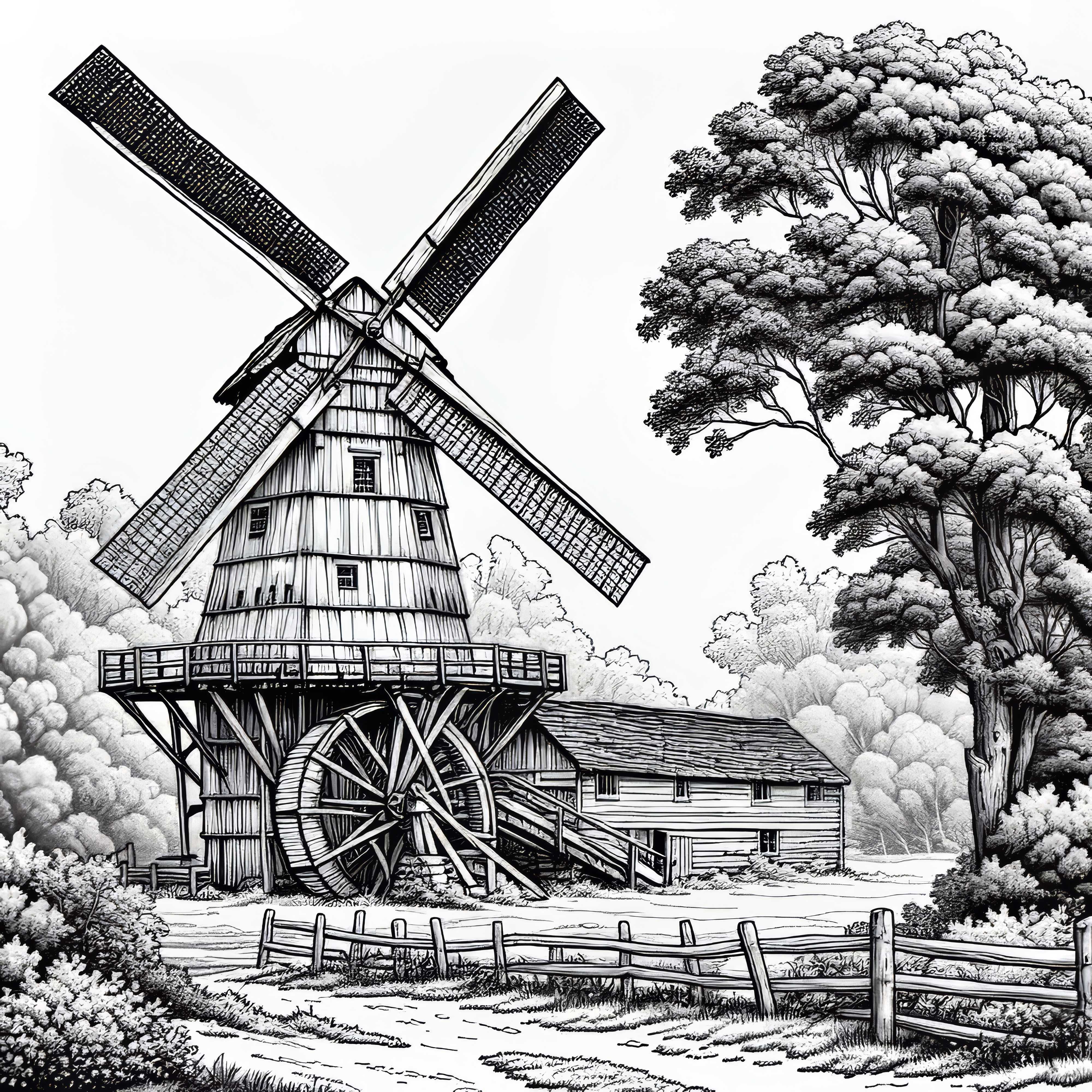 Стара мелница с дървена конструкция като изображение за оцветяване безплатно Стара мелница с дървена конструкция като цветна картина безплатно