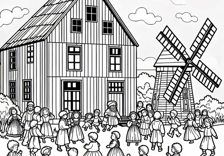 Децата играят пред воденица – Безплатна цветна картина