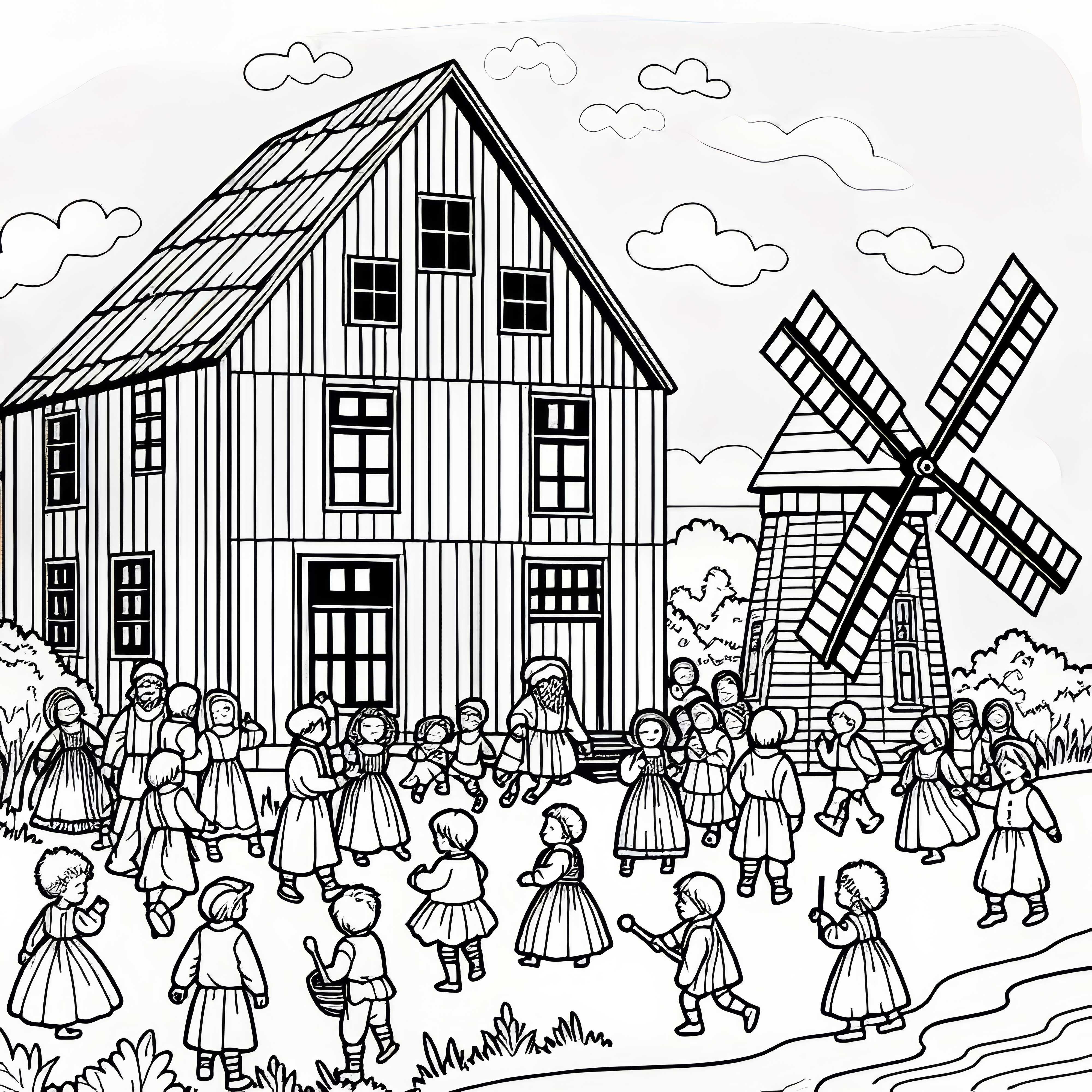 Деца играят пред воденица - Безплатна картинка за оцветяване Децата играят пред воденицата - безплатна картина за оцветяване