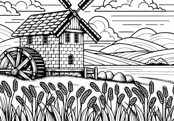 Windmill in the grain field - Free coloring page