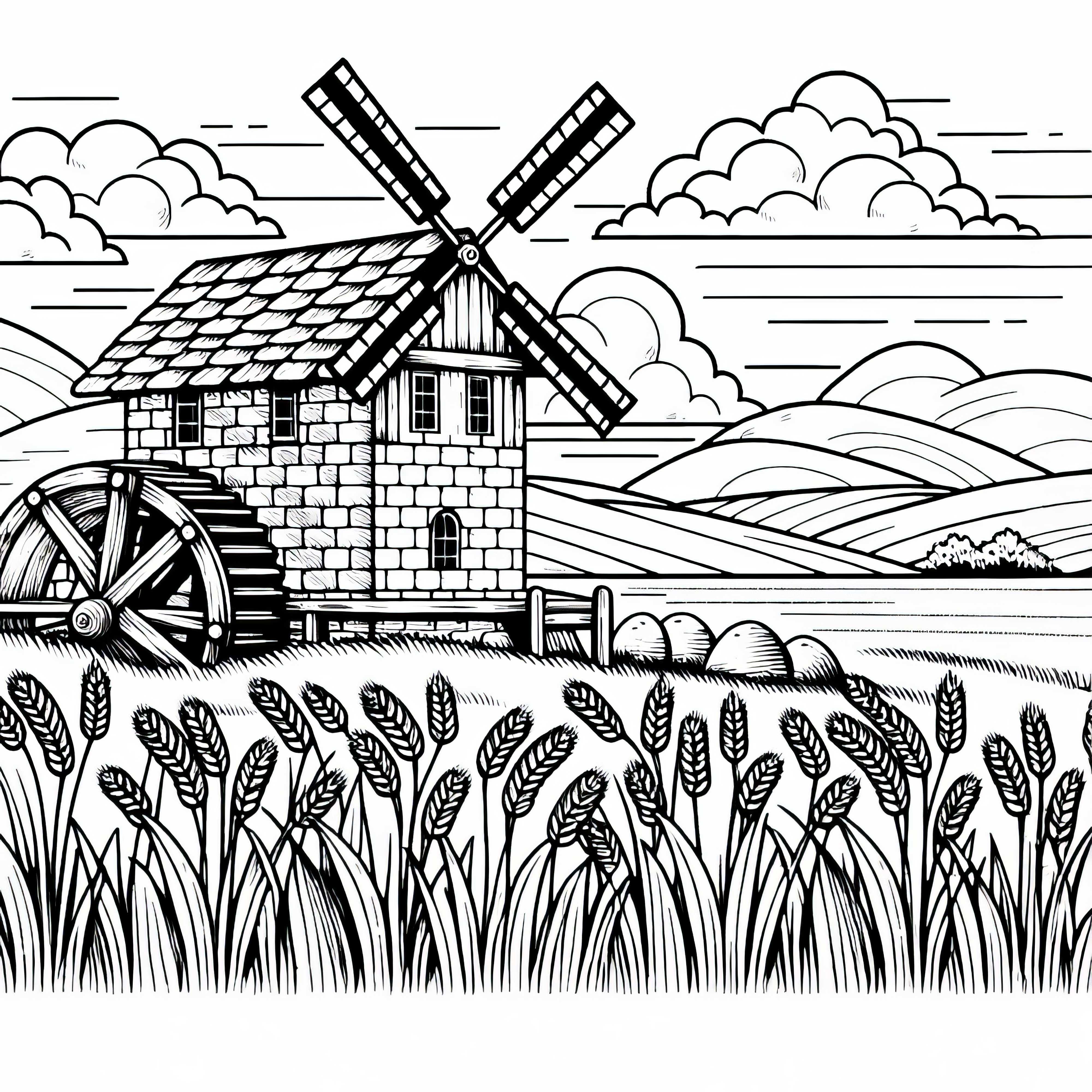 Мелница в житното поле – безплатна оцветяваща страница Мелница в житното поле – безплатен шаблон за оцветяване