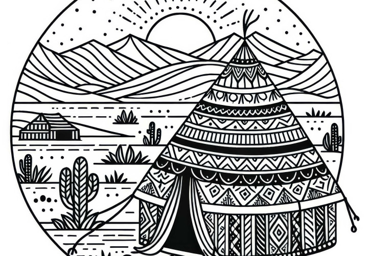 Desenho para colorir de uma tenda nômade no deserto