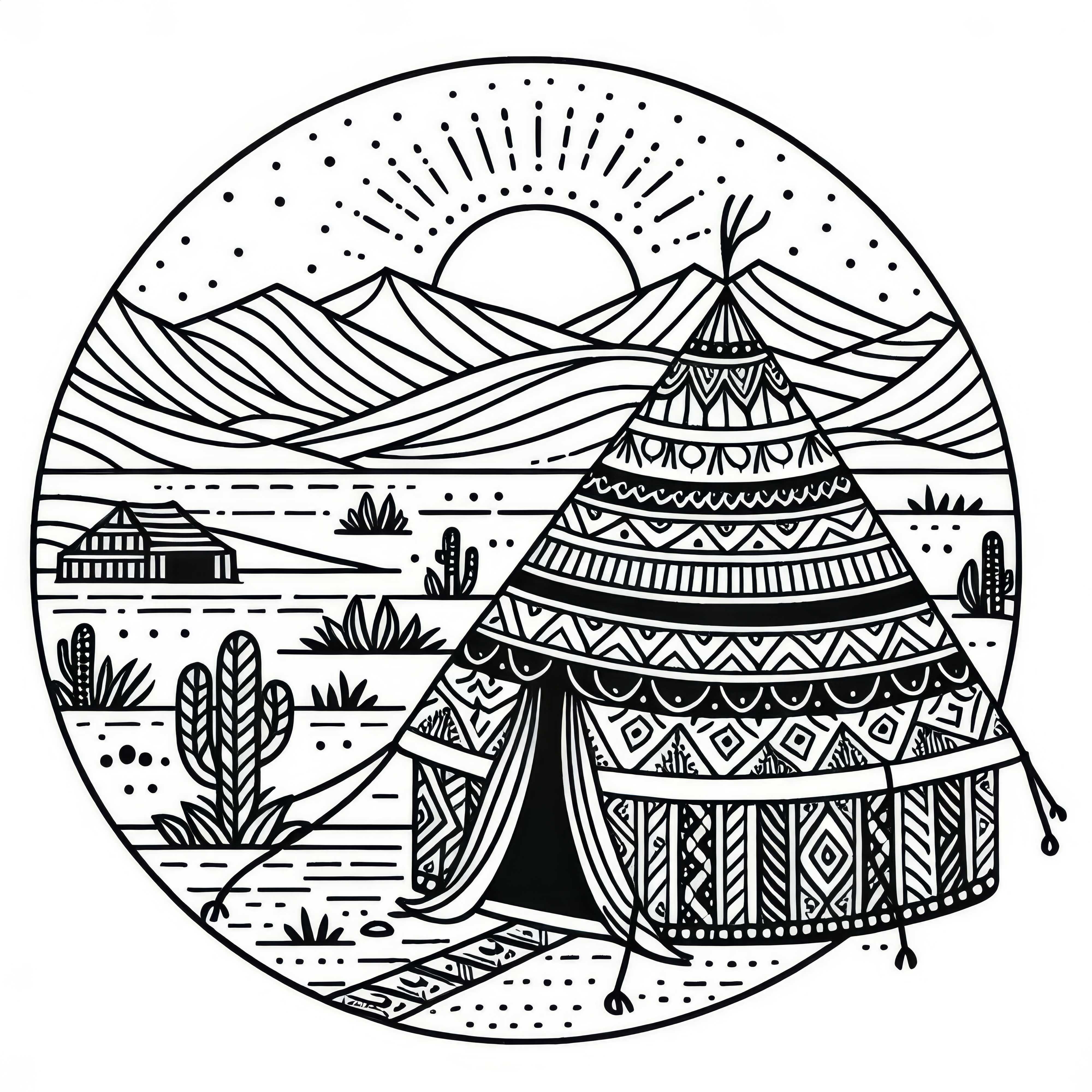 Desenho para colorir de uma tenda de nômade no deserto